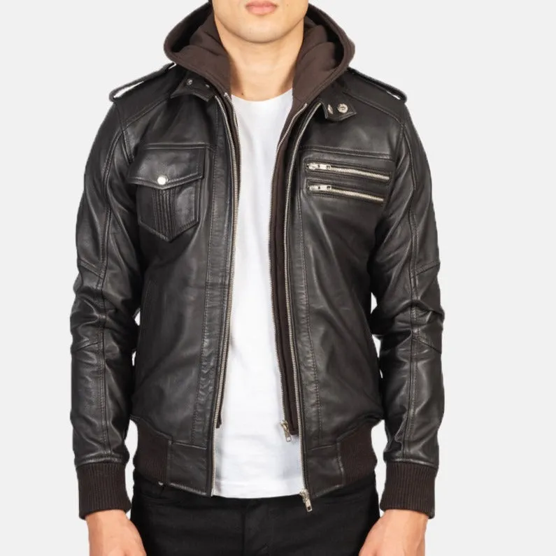 2414 Mush Brown Hooded Leather Bomber Jacket