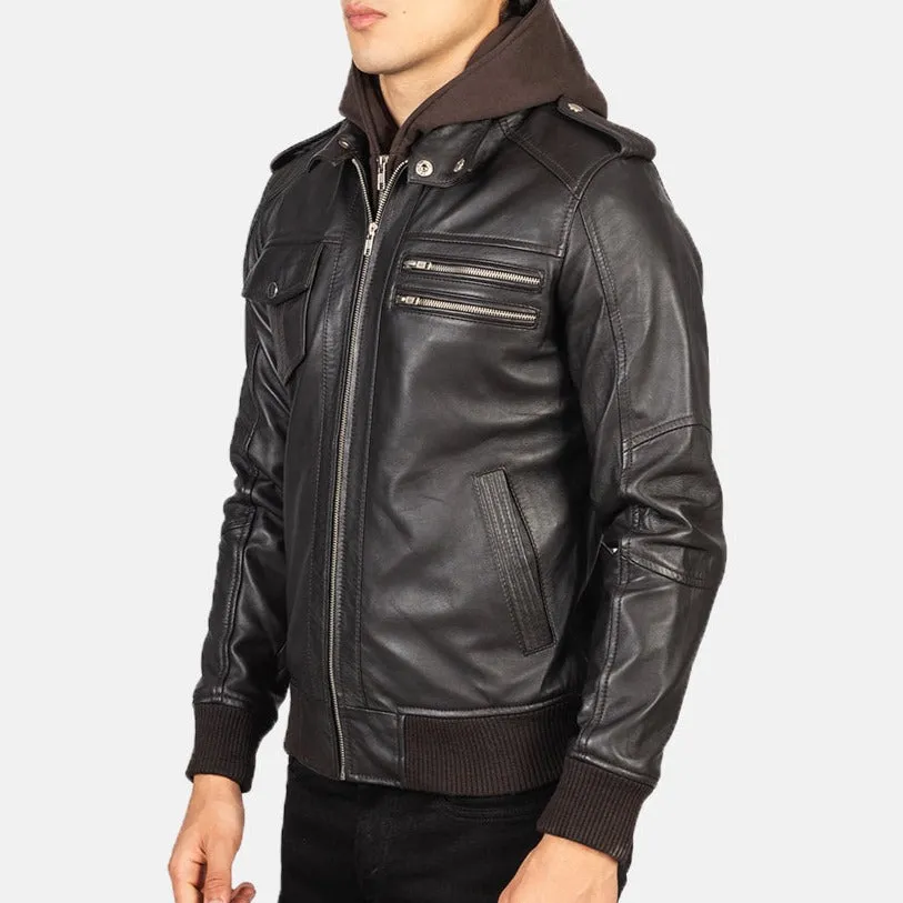 2414 Mush Brown Hooded Leather Bomber Jacket