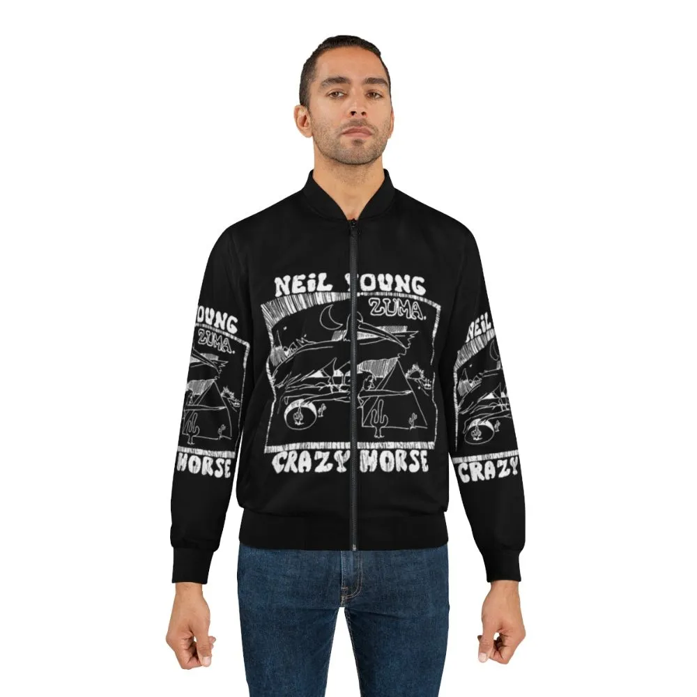 70s Retro Bomber Jacket with Doodle Typography and Horse Design