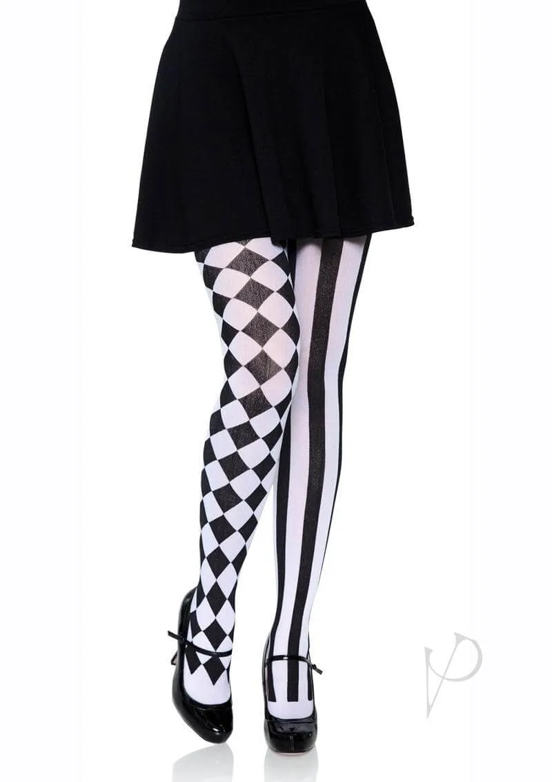 Aura Harlequin Women's Tights - Black/White | Quirky Checkered & Striped Pattern