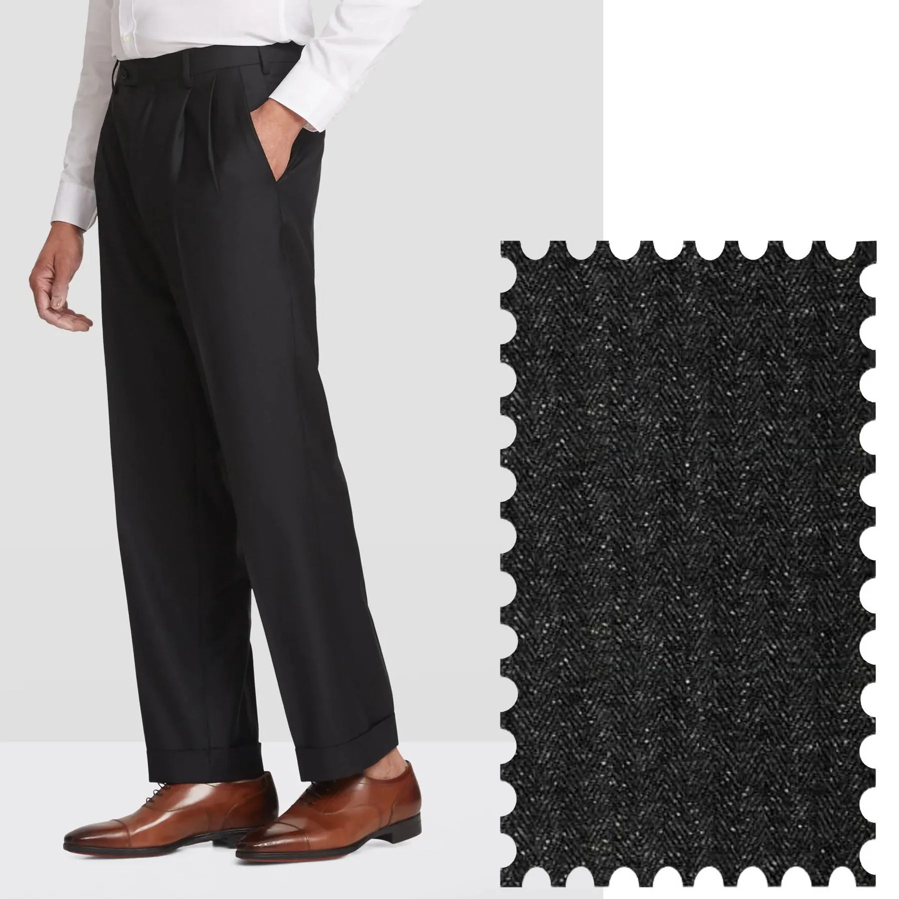 Bennett Double Pleated Wool and Silk Herringbone Trouser in Black & Charcoal (Full Fit) - LIMITED EDITION by Zanella