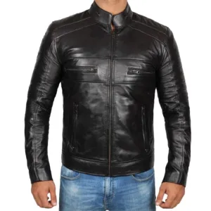 Black Cafe Racer Motorcycle Leather Jacket