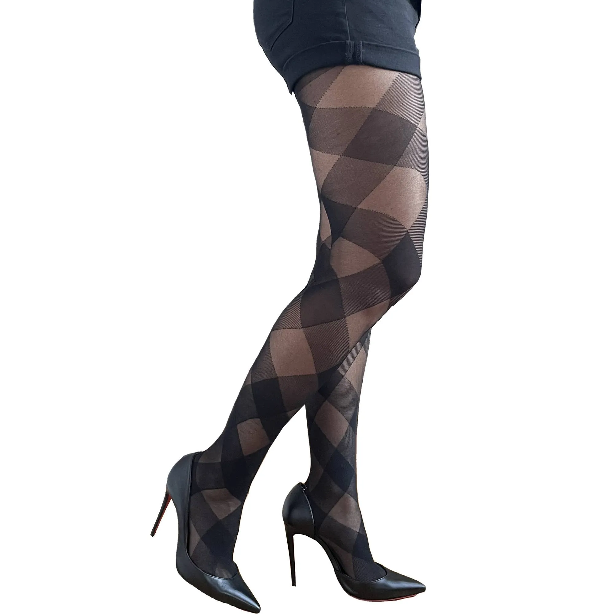 Black Diagonal Check Sheer Tights Plus Size