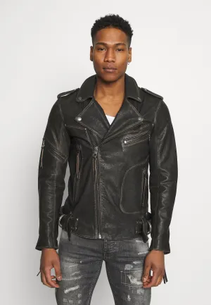 Black Leather Distressed Biker Jacket for Men