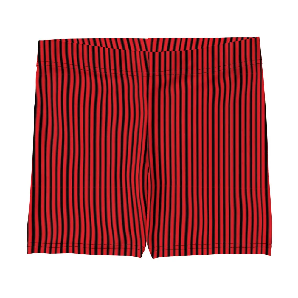 Black Red Striped Women's Shorts, Best Vertical Stripes Short Tights-Made in USA/EU/MX