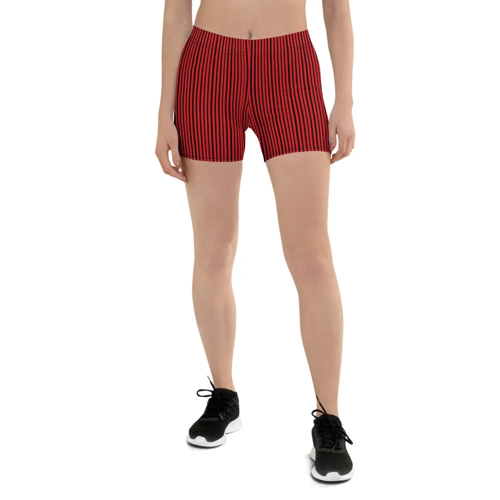 Black Red Striped Women's Shorts, Best Vertical Stripes Short Tights-Made in USA/EU/MX