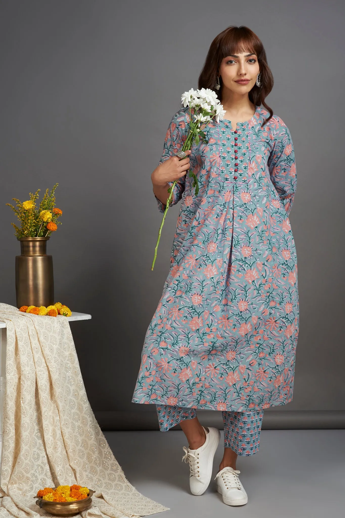 box pleat a-line kurta - moonshine grey & bouquet of flowers