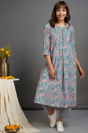 box pleat a-line kurta - moonshine grey & bouquet of flowers