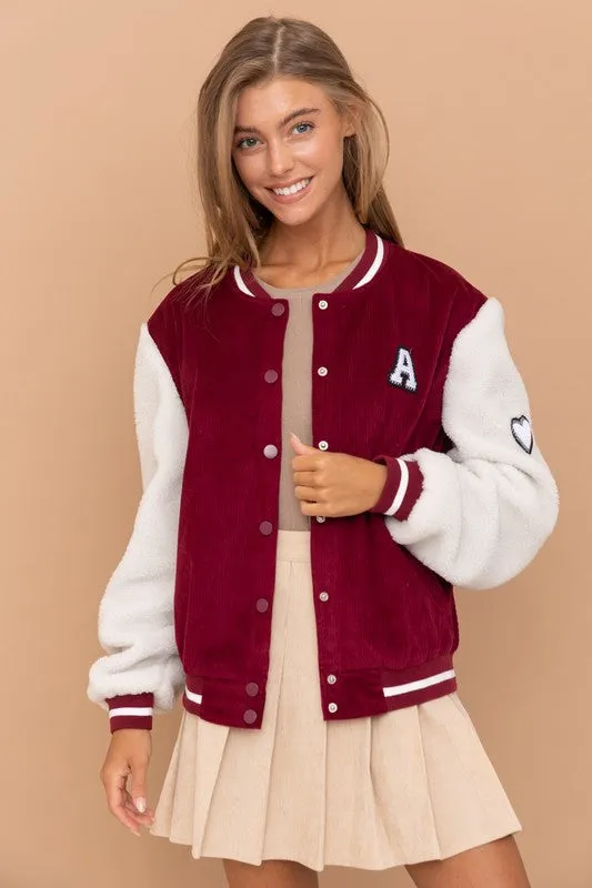 Burgundy Sherpa Baseball Bomber Jacket