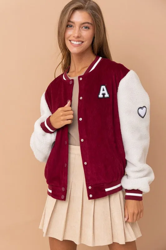 Burgundy Sherpa Baseball Bomber Jacket