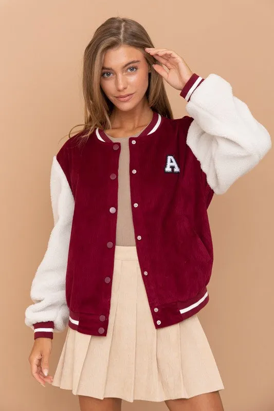 Burgundy Sherpa Baseball Bomber Jacket