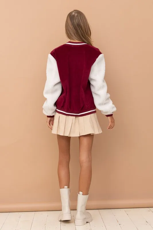 Burgundy Sherpa Baseball Bomber Jacket