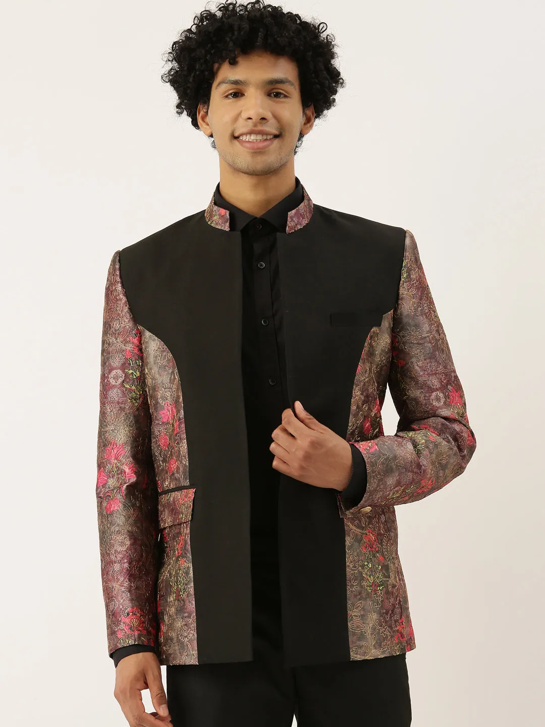 Chanderi Silk Printed Bandhgala Blazer - MMJ071