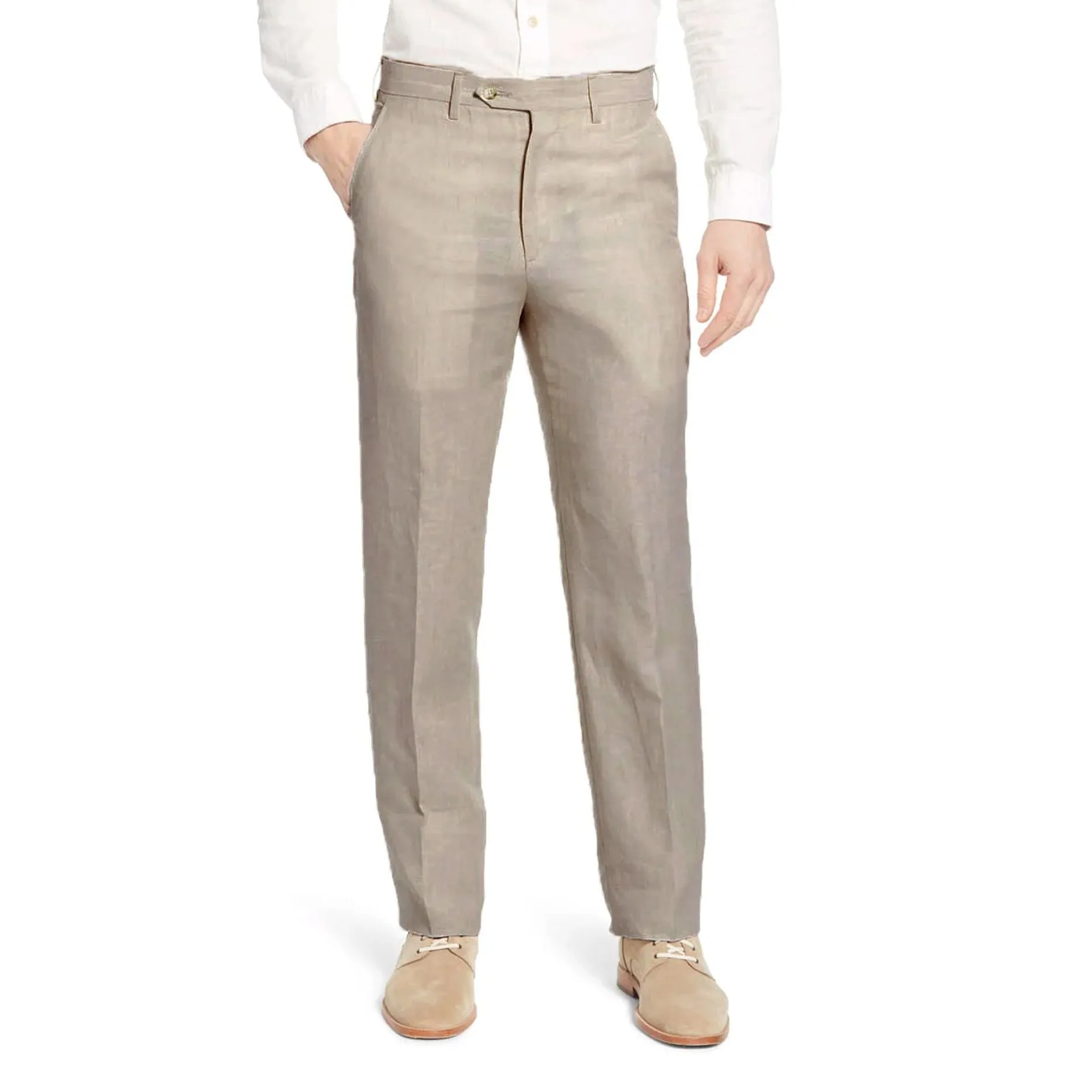 Classic Linen Pant in Light Tan (Hampton Plain Front) by Berle