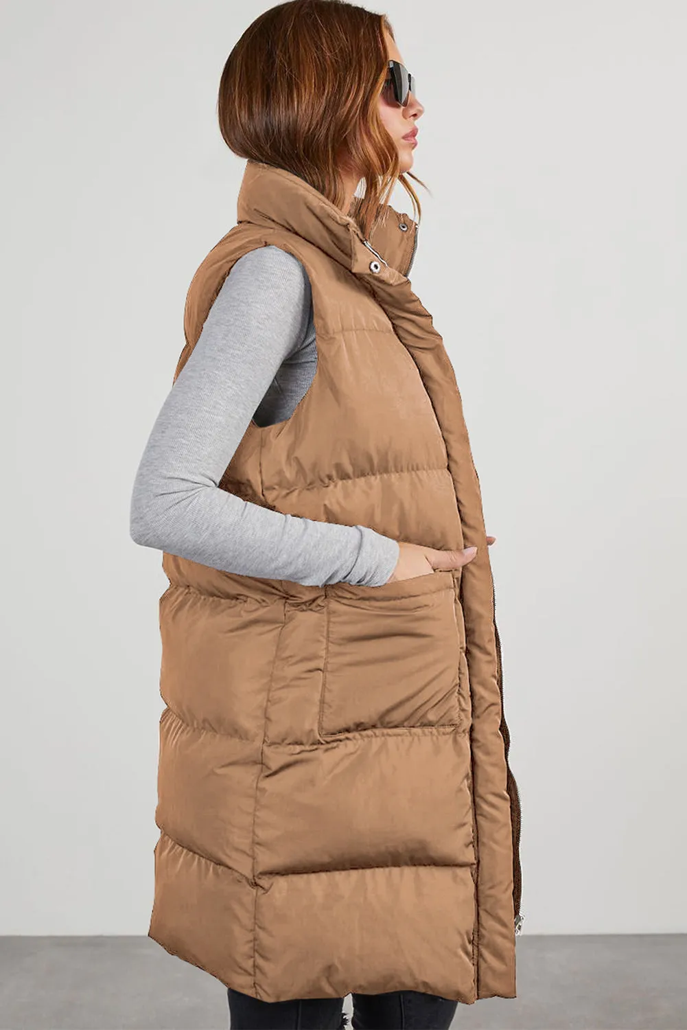 Coffee Quilted Pocketed Long Puffer Vest Coat