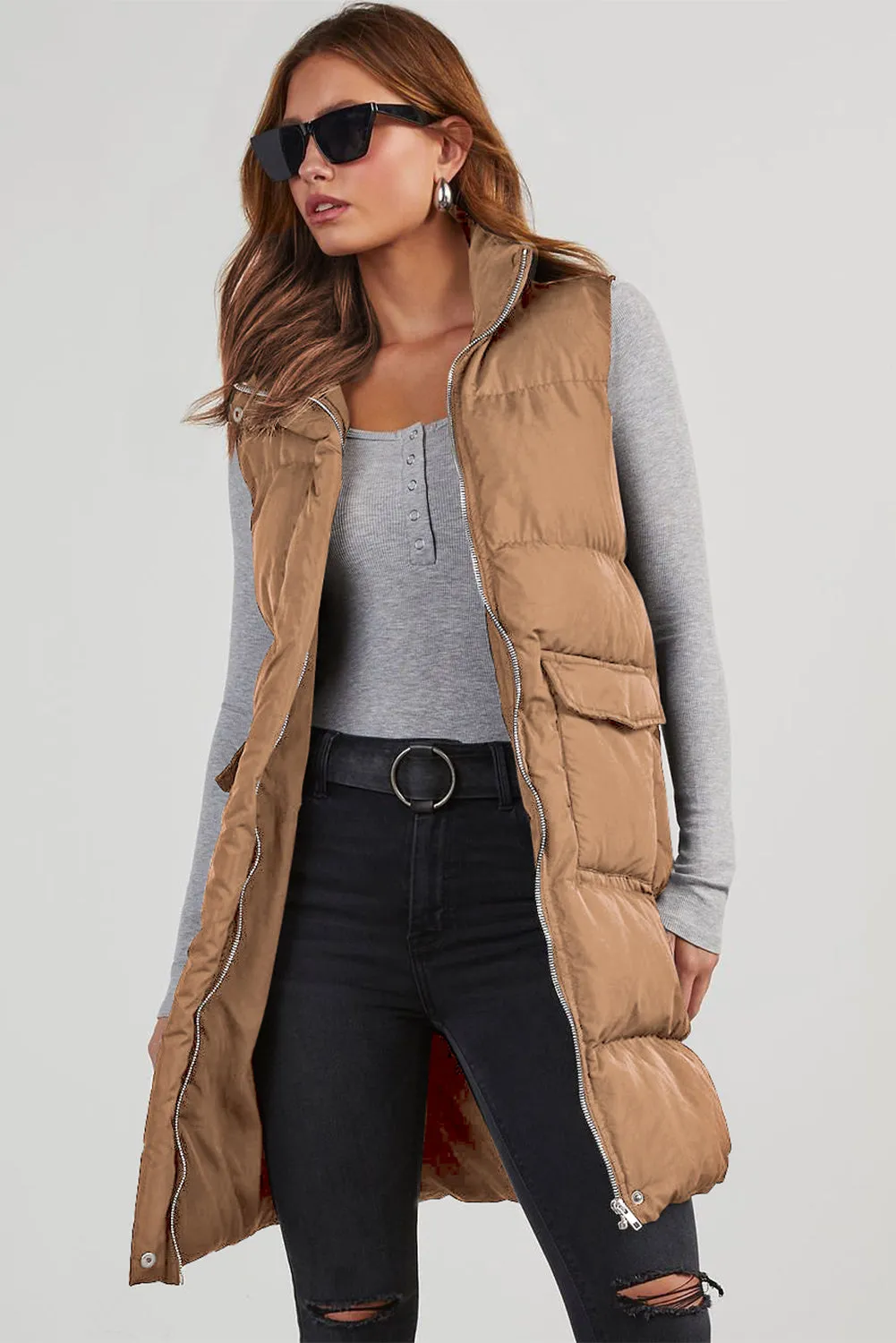 Coffee Quilted Pocketed Long Puffer Vest Coat