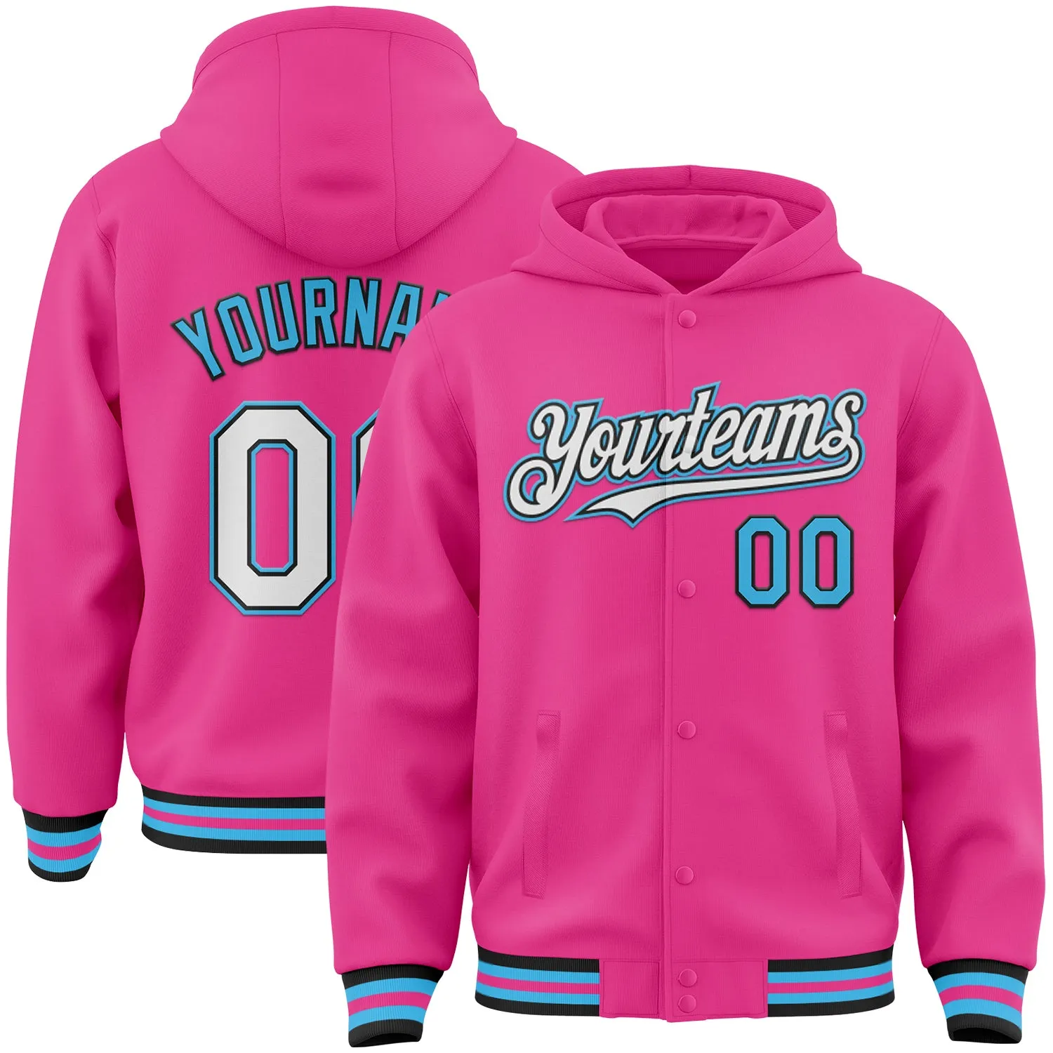 Custom Pink Black-Sky Blue Bomber Full-Snap Varsity Letterman Hoodie Jacket