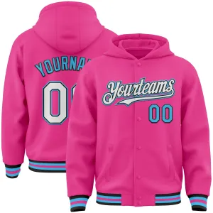 Custom Pink Black-Sky Blue Bomber Full-Snap Varsity Letterman Hoodie Jacket