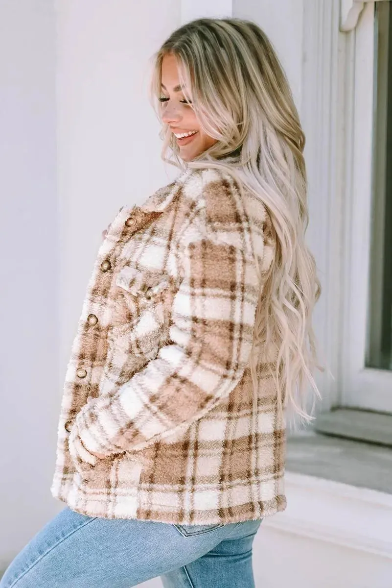 Get Cozy in Style: Shop the Sherpa Plaid Button Jacket for Women