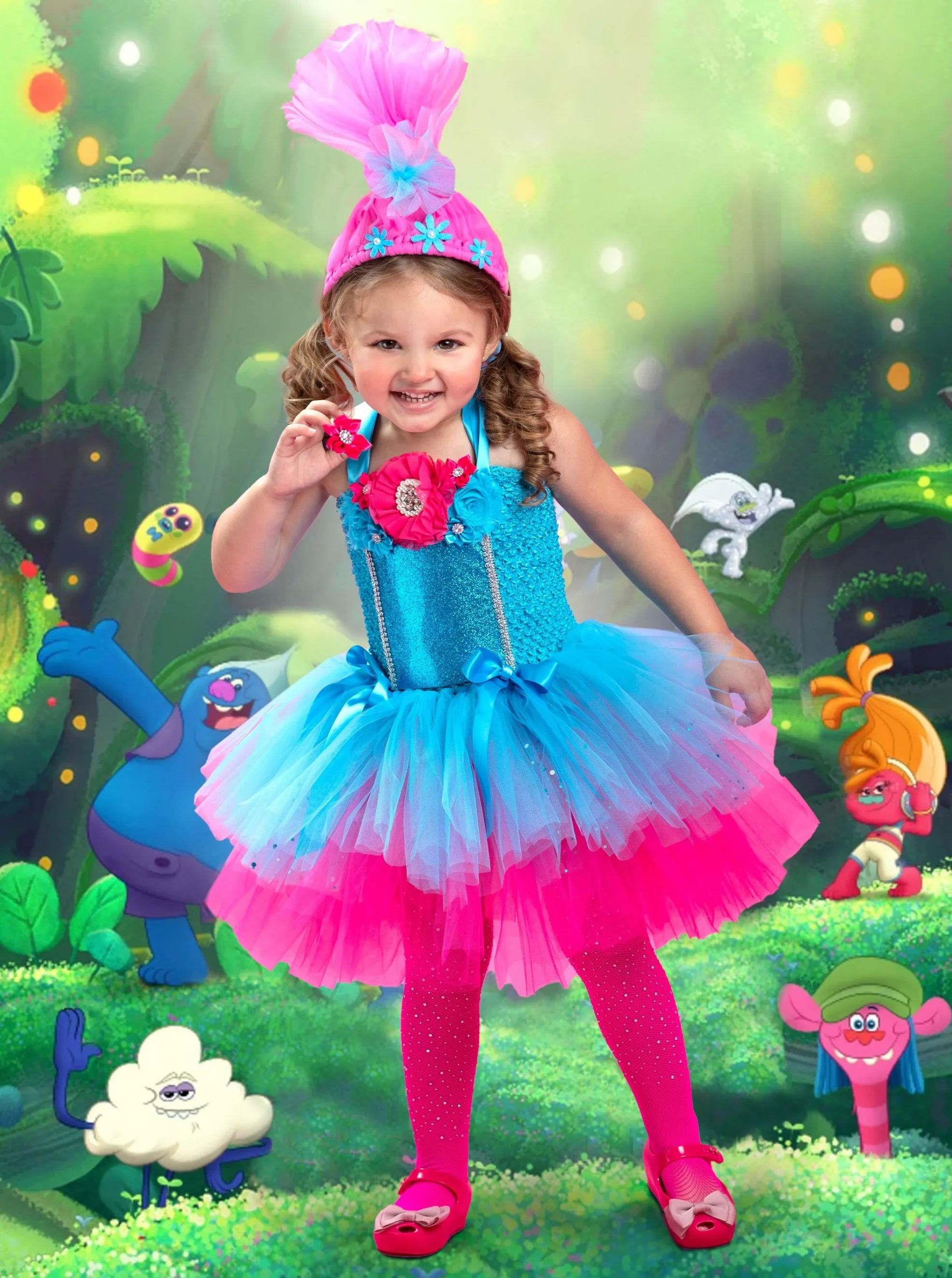 Girls Trolls Inspired Princess Poppy Dazzle Tutu Costume Dress