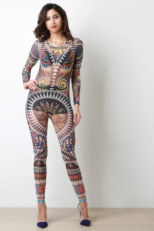 Graphic Tribal Print Mesh Jumpsuit