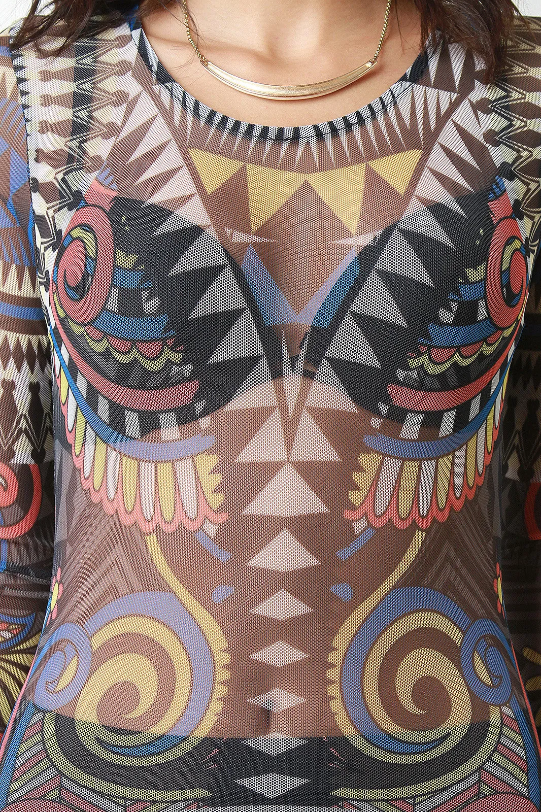 Graphic Tribal Print Mesh Jumpsuit