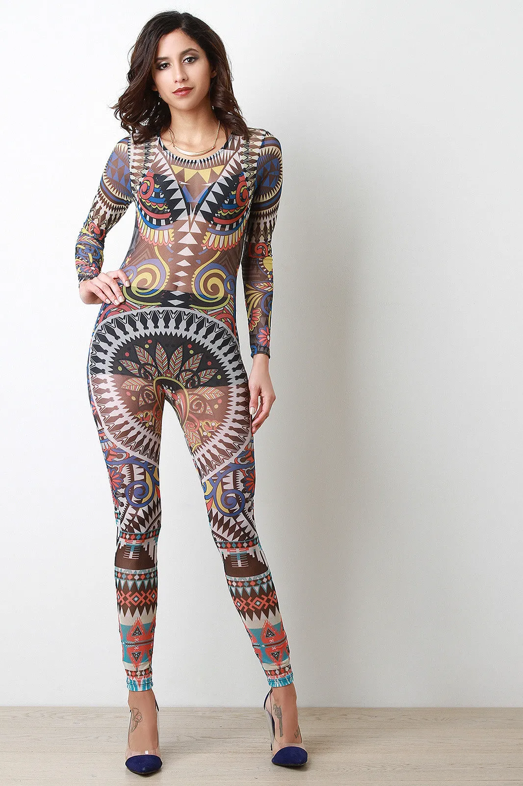 Graphic Tribal Print Mesh Jumpsuit