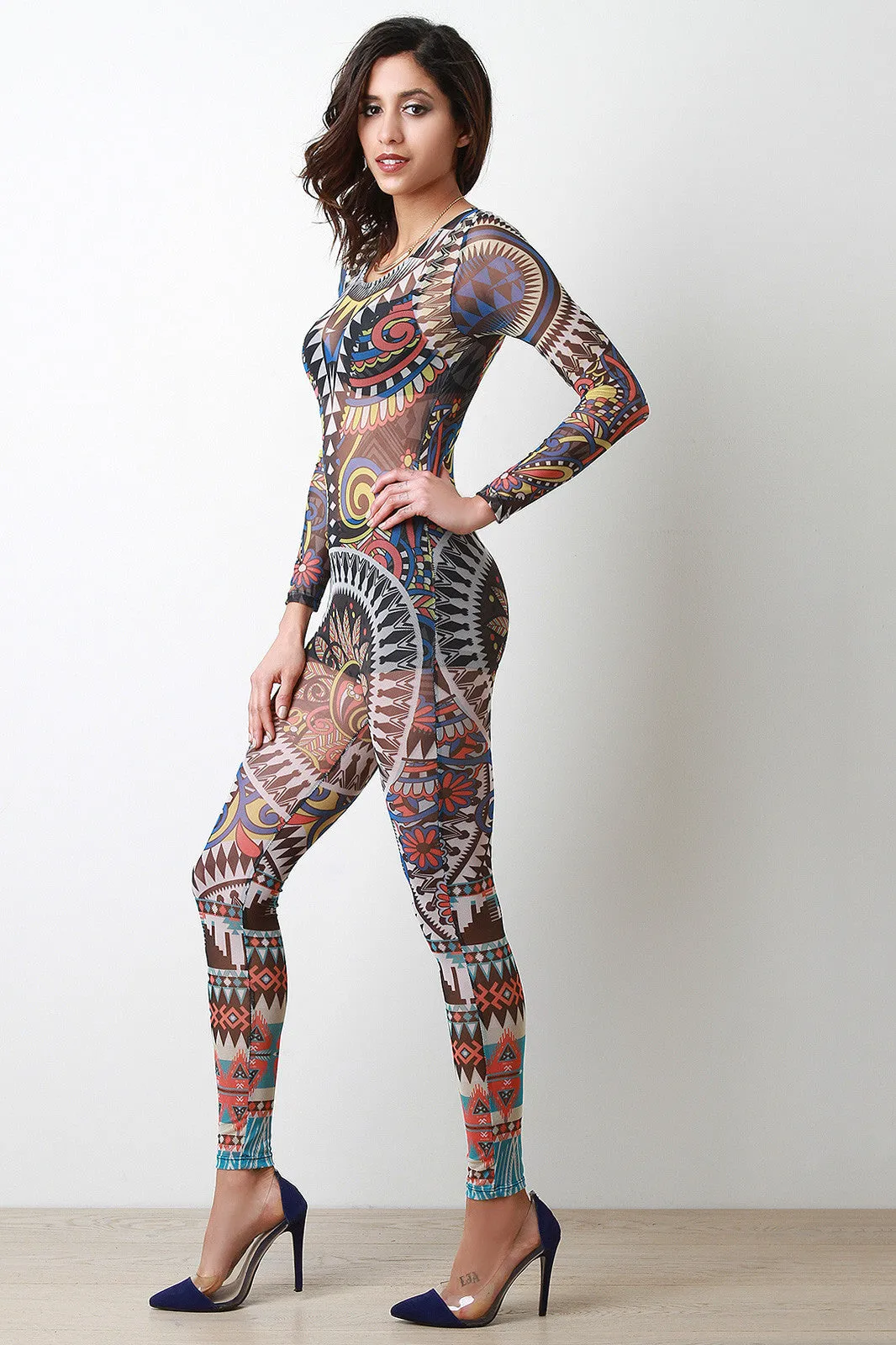 Graphic Tribal Print Mesh Jumpsuit