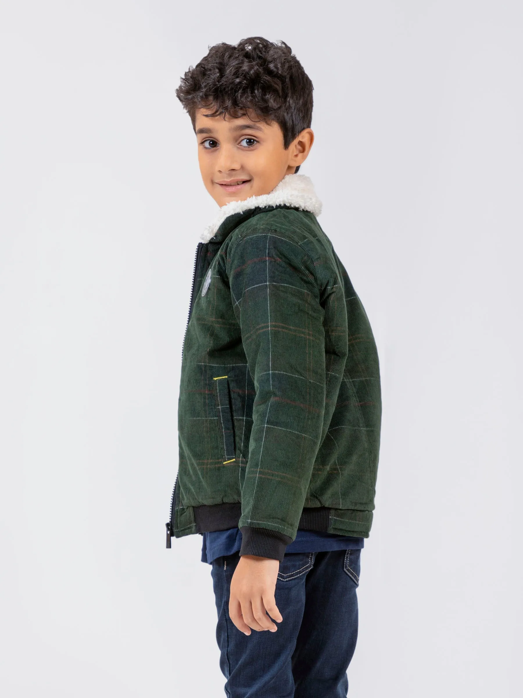 Green Corduroy Quilted Jacket With Sherpa Collar - Unisex