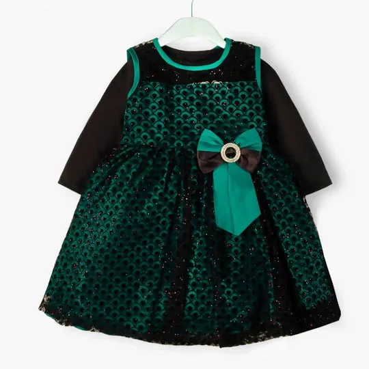 Green Glittery Bow Frock with inner and tights