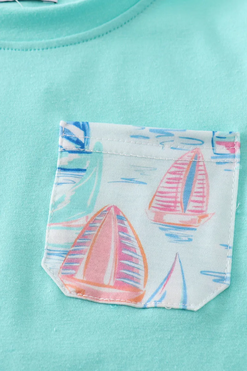 Green sailboat print boy set