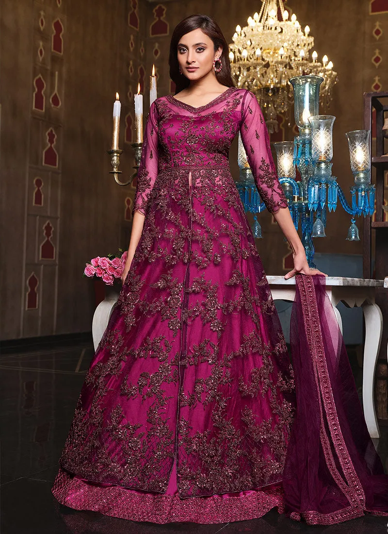 Hot Pink Embroidered Slit Style Anarkali Pant/Lehenga Suit