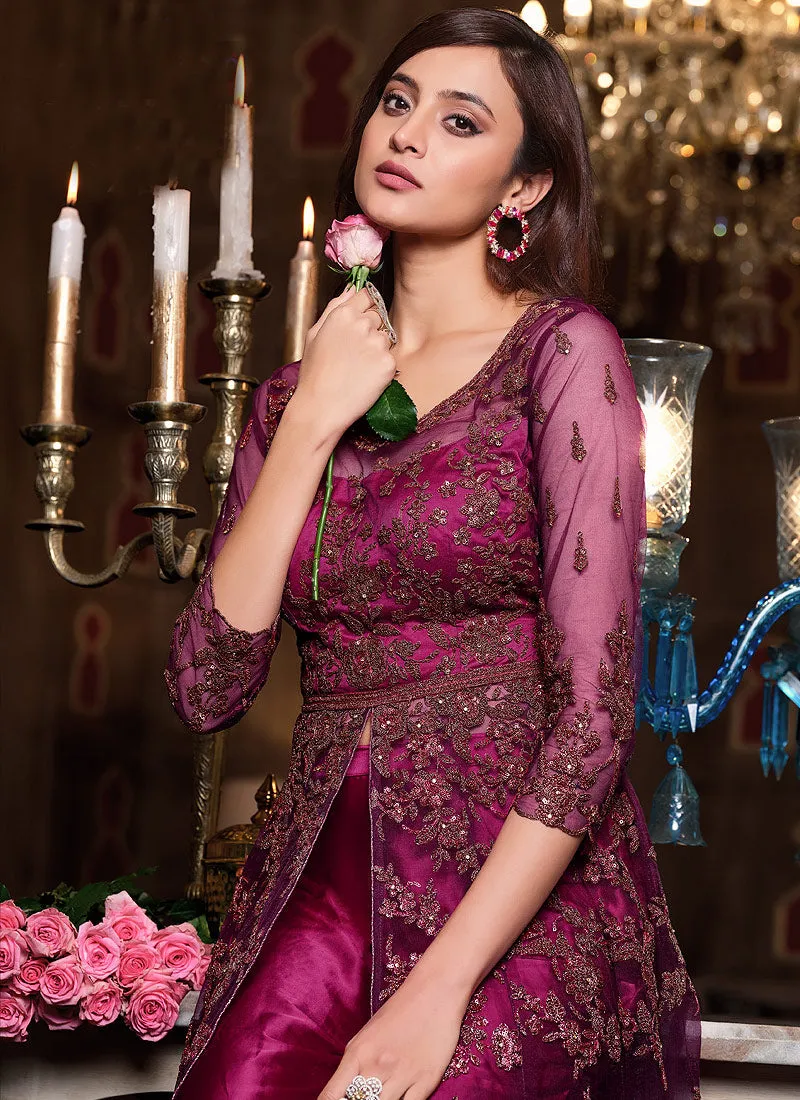 Hot Pink Embroidered Slit Style Anarkali Pant/Lehenga Suit