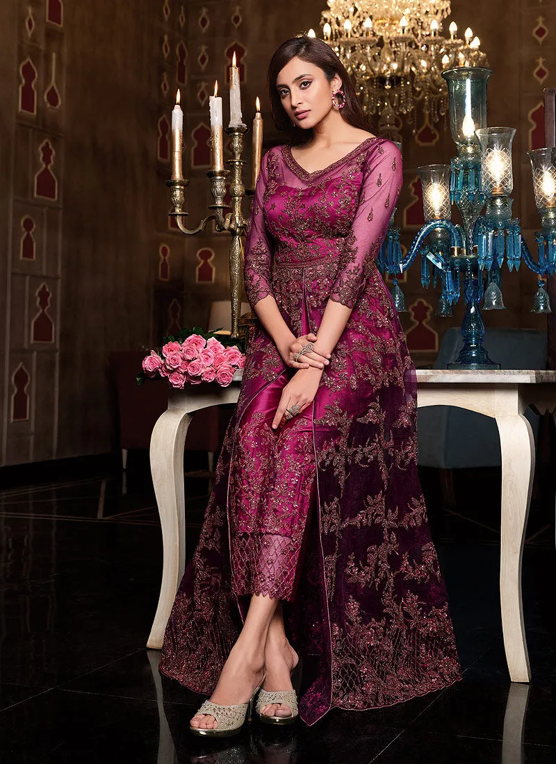 Hot Pink Embroidered Slit Style Anarkali Pant/Lehenga Suit