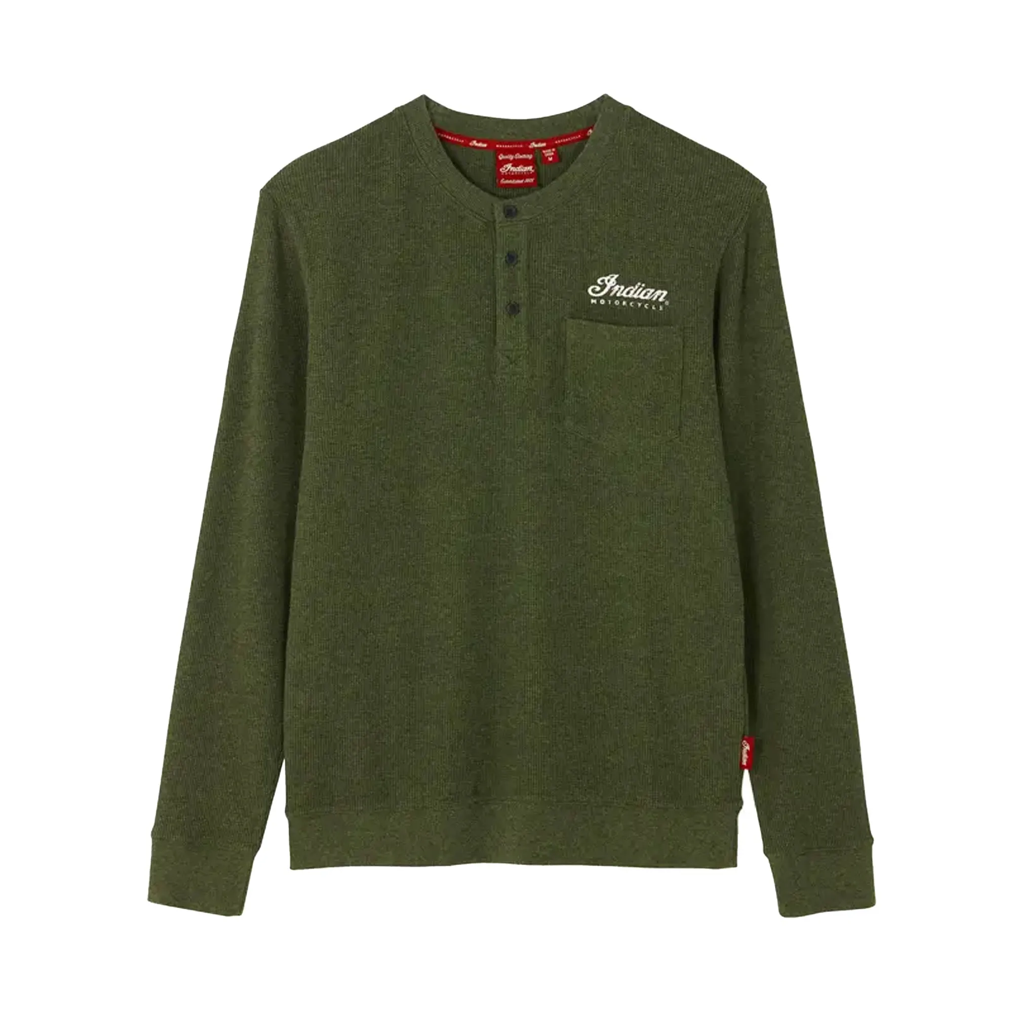 Indian Motorcycle Mens Waffle Henley Pocket Longsleeve T-Shirt Green