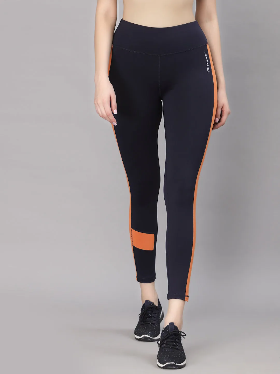 JUMP USA Women Navy Blue & Orange Solid Rapid-Dry Seamless Tights