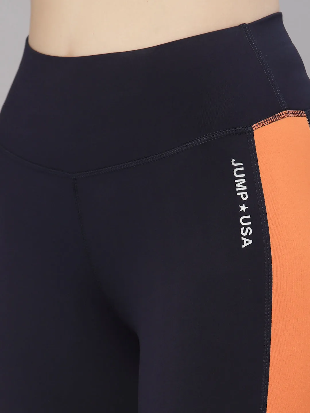 JUMP USA Women Navy Blue & Orange Solid Rapid-Dry Seamless Tights