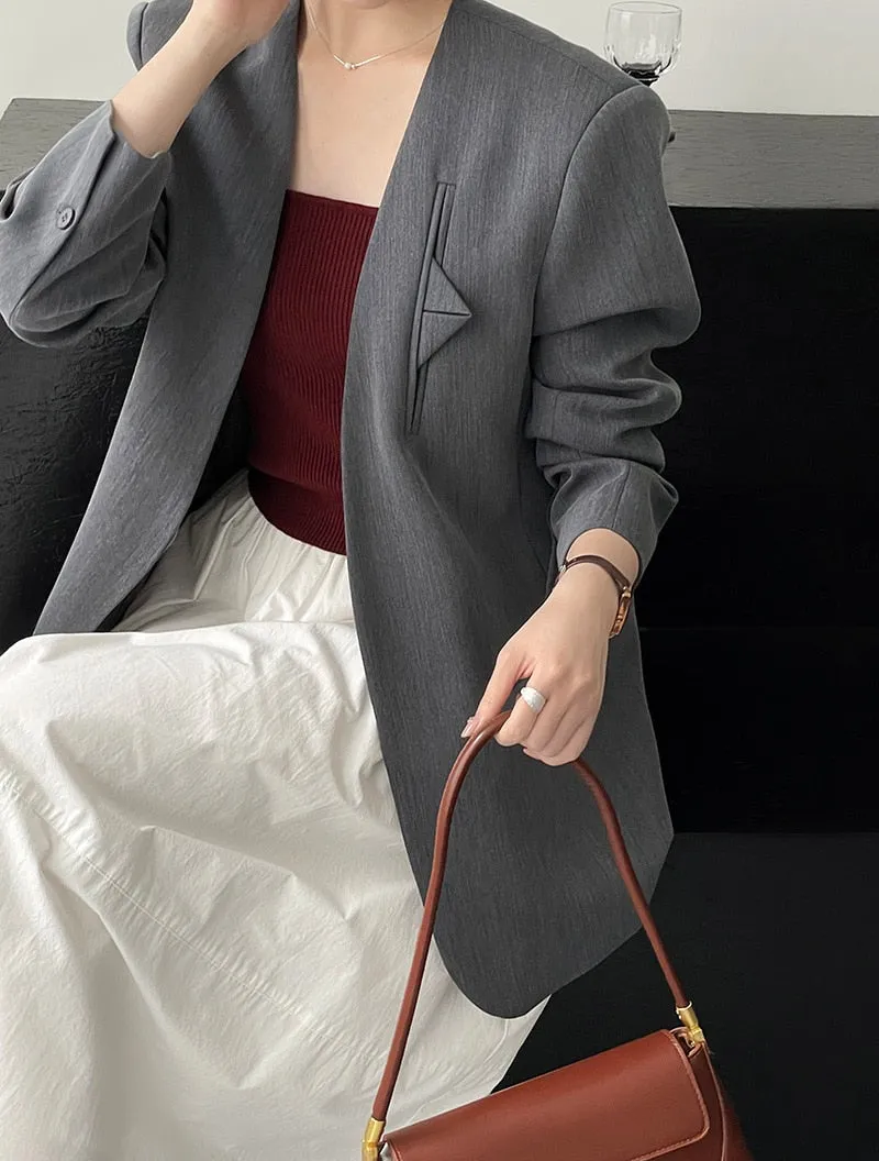 [Korean Style] High Quality Solid Color Straight Cut Collarless Blazer