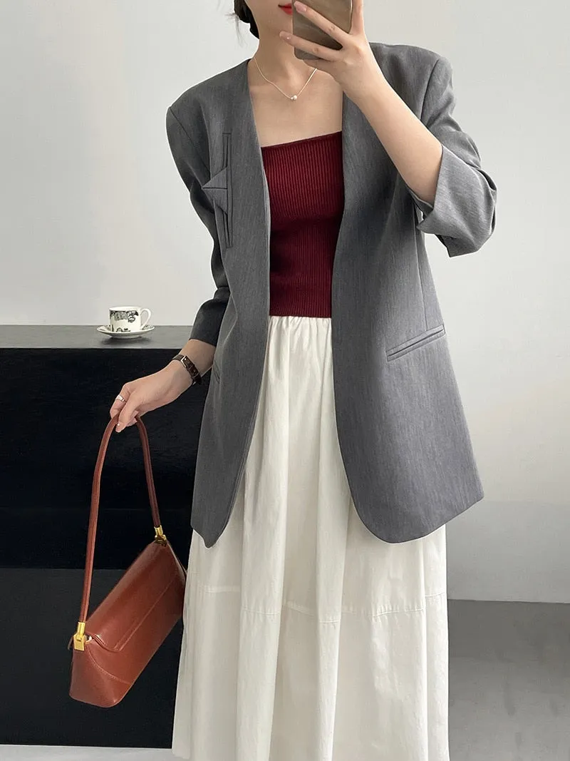 [Korean Style] High Quality Solid Color Straight Cut Collarless Blazer