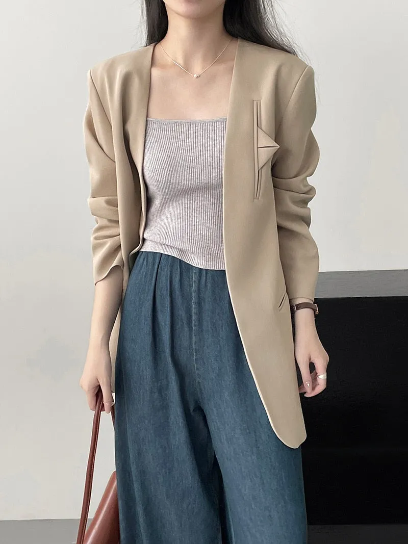 [Korean Style] High Quality Solid Color Straight Cut Collarless Blazer