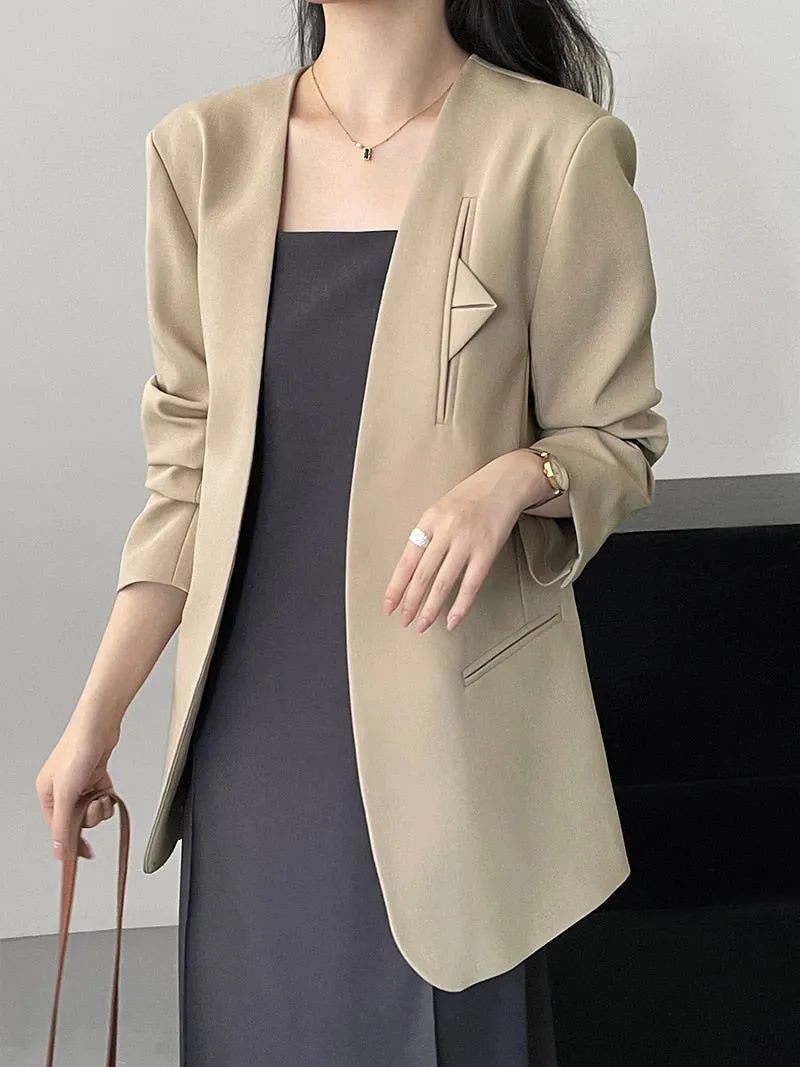 [Korean Style] High Quality Solid Color Straight Cut Collarless Blazer