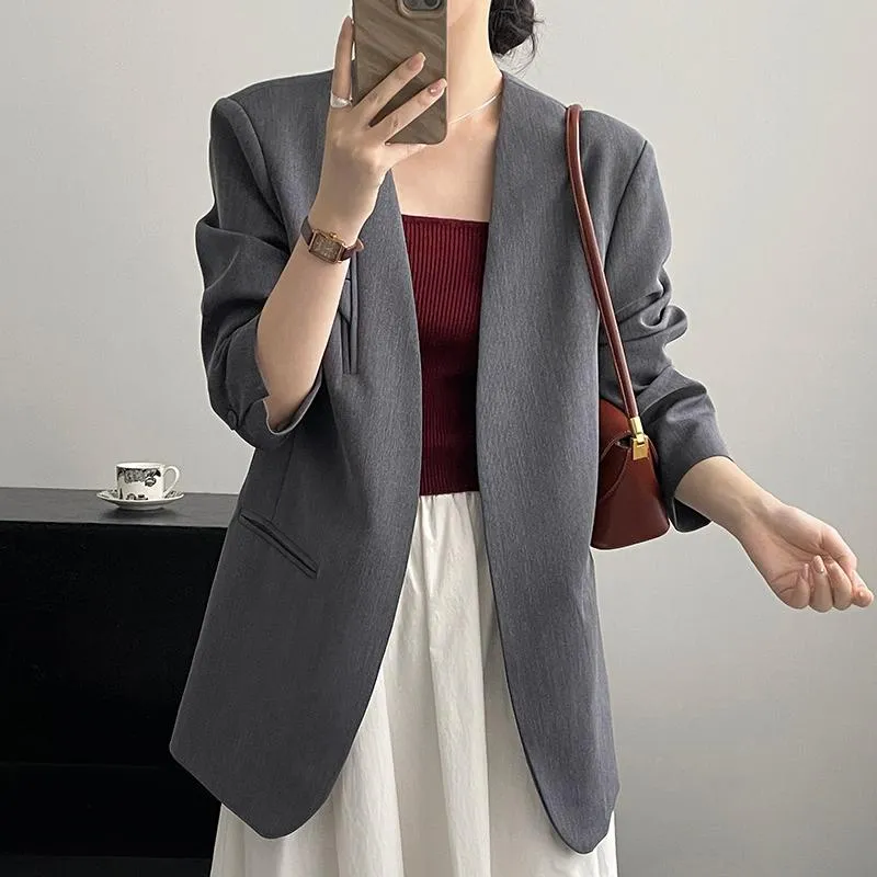 [Korean Style] High Quality Solid Color Straight Cut Collarless Blazer