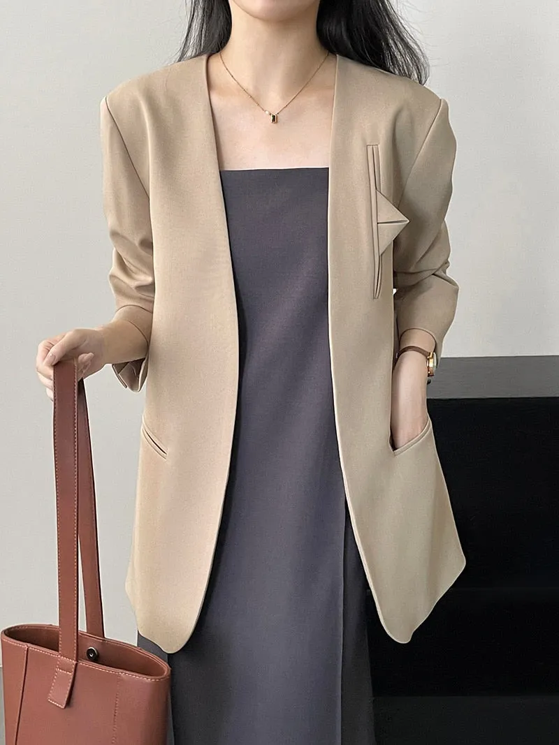 [Korean Style] High Quality Solid Color Straight Cut Collarless Blazer