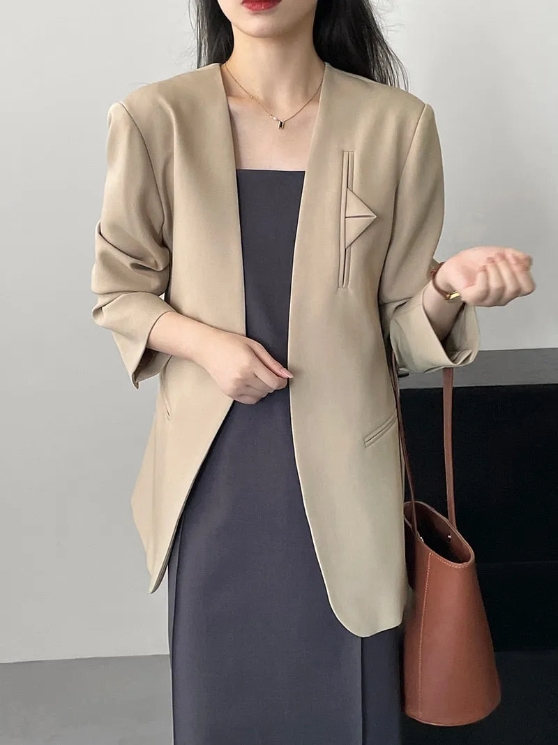 [Korean Style] High Quality Solid Color Straight Cut Collarless Blazer