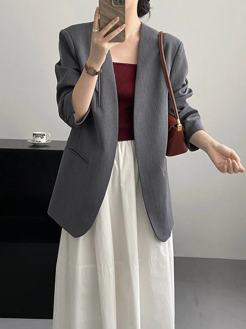 [Korean Style] High Quality Solid Color Straight Cut Collarless Blazer