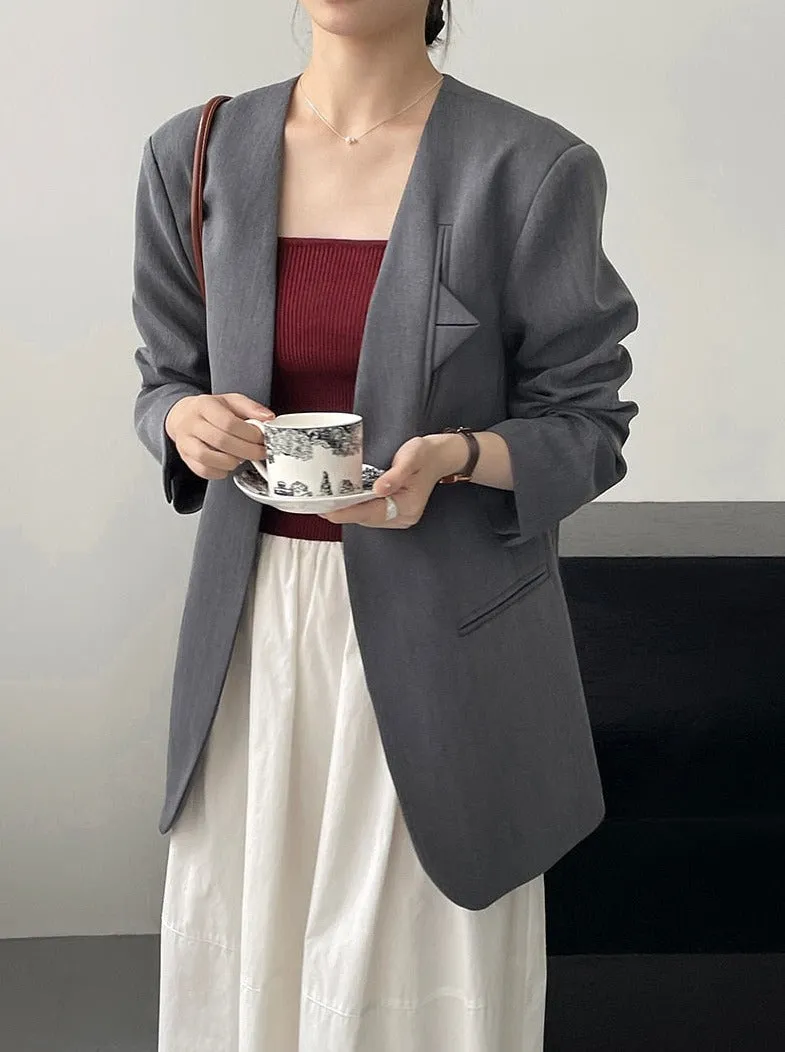 [Korean Style] High Quality Solid Color Straight Cut Collarless Blazer