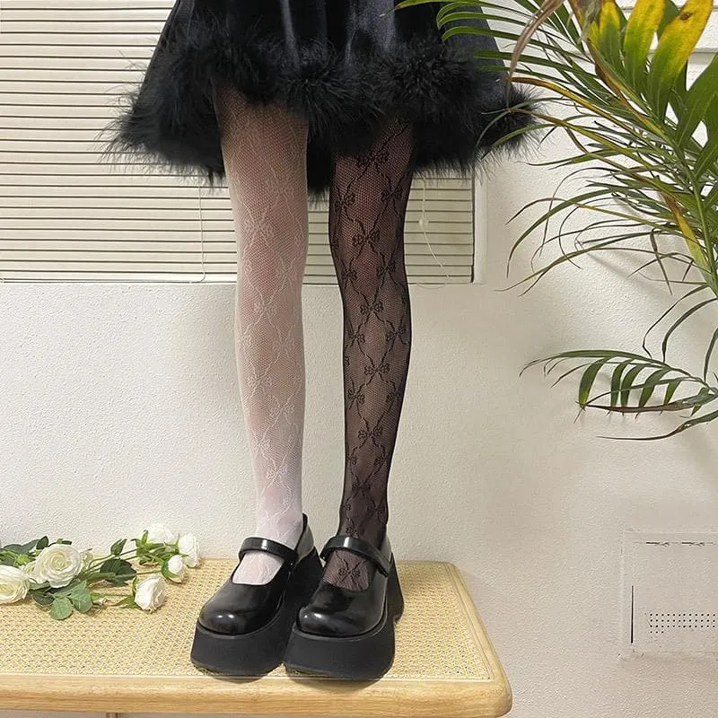 Lace contrast mesh bowknot tights