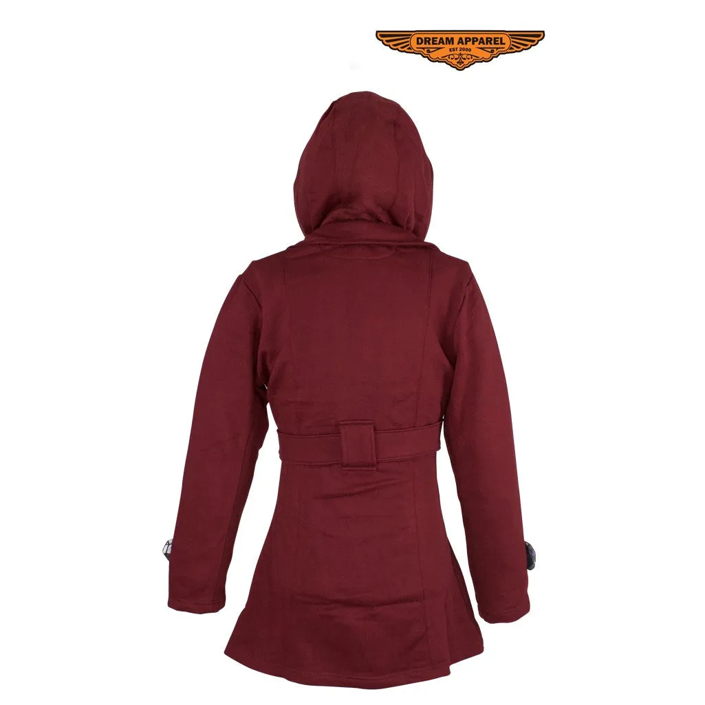 Ladies Burgundy Button Up Coat W/ Belt and Removable Hood