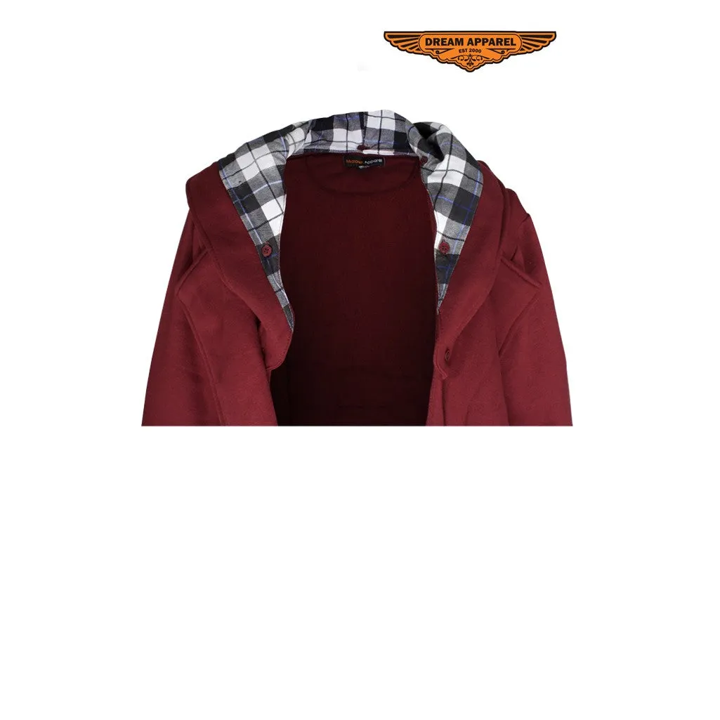 Ladies Burgundy Button Up Coat W/ Belt and Removable Hood