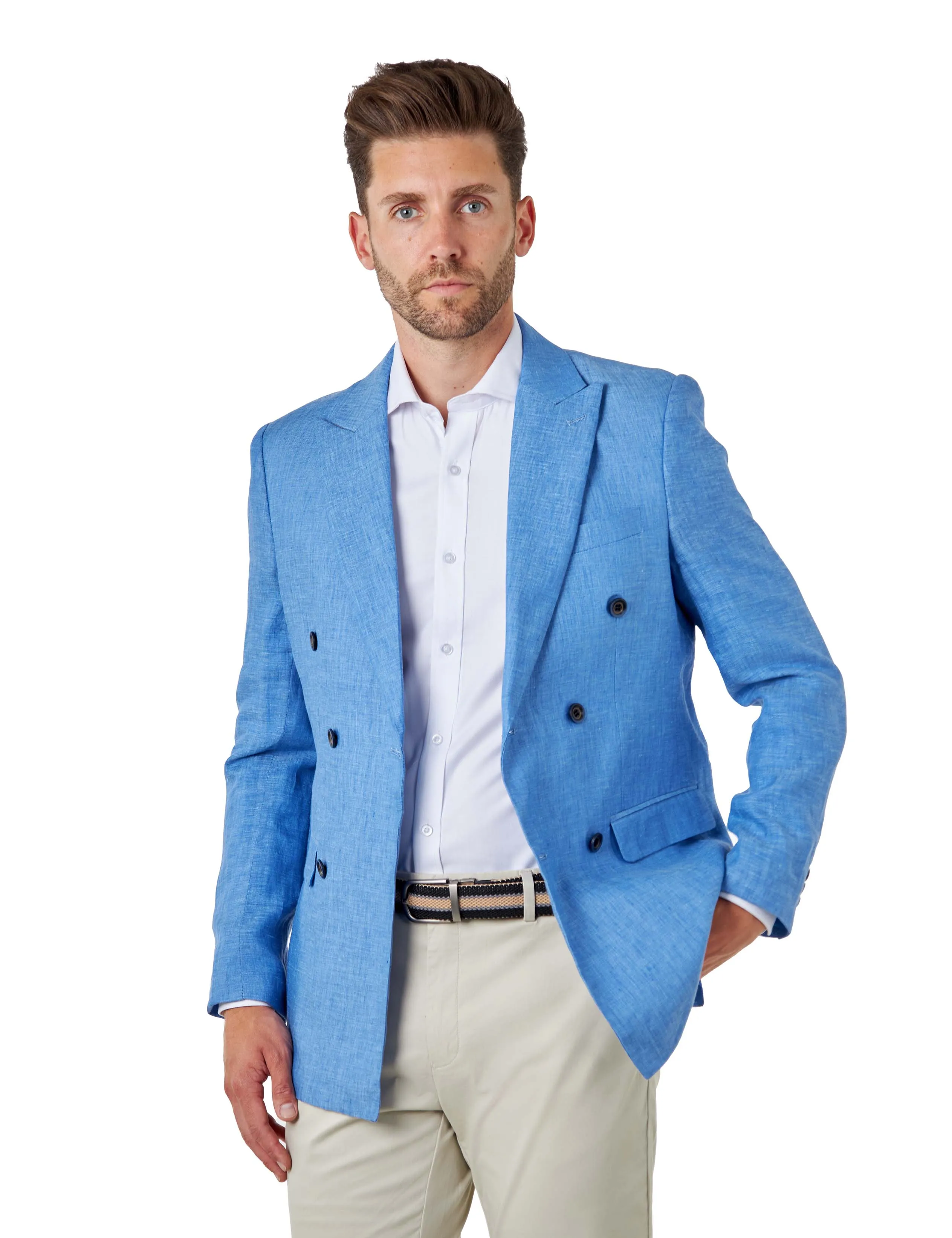 LEWIS - Tailored Fit Sky Blue Linen Double Breasted Suit Jacket